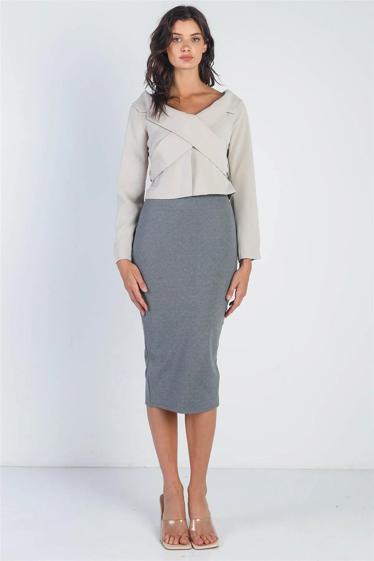 Grey Slim Fit Midi Length Skirt /2-2-2 - Tasha Apparel Wholesale