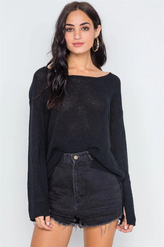 Black Scoop Neck Long Sleeves Sweater /2-2-2 - Tasha Apparel Wholesale
