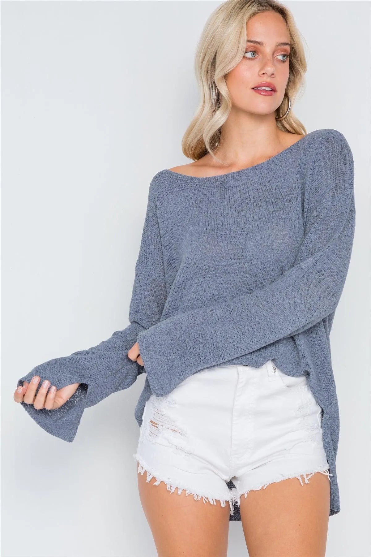 Blue Grey Scoop Neck Long Sleeves Sweater /2-2-2 - Tasha Apparel Wholesale
