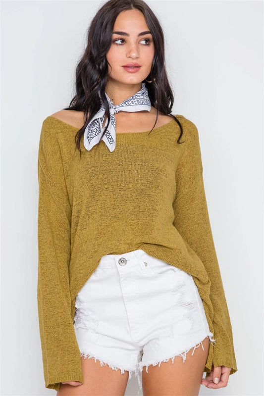 Golden Scoop Neck Long Sleeves Sweater /2-2-2 - Tasha Apparel Wholesale