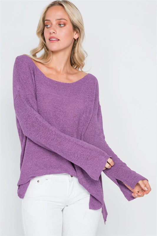 Haze Purple Scoop Neck Long Sleeves Sweater /2-2-2 - Tasha Apparel Wholesale