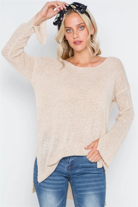 Natural Scoop Neck Long Sleeves Sweater /2-2-2 - Tasha Apparel Wholesale