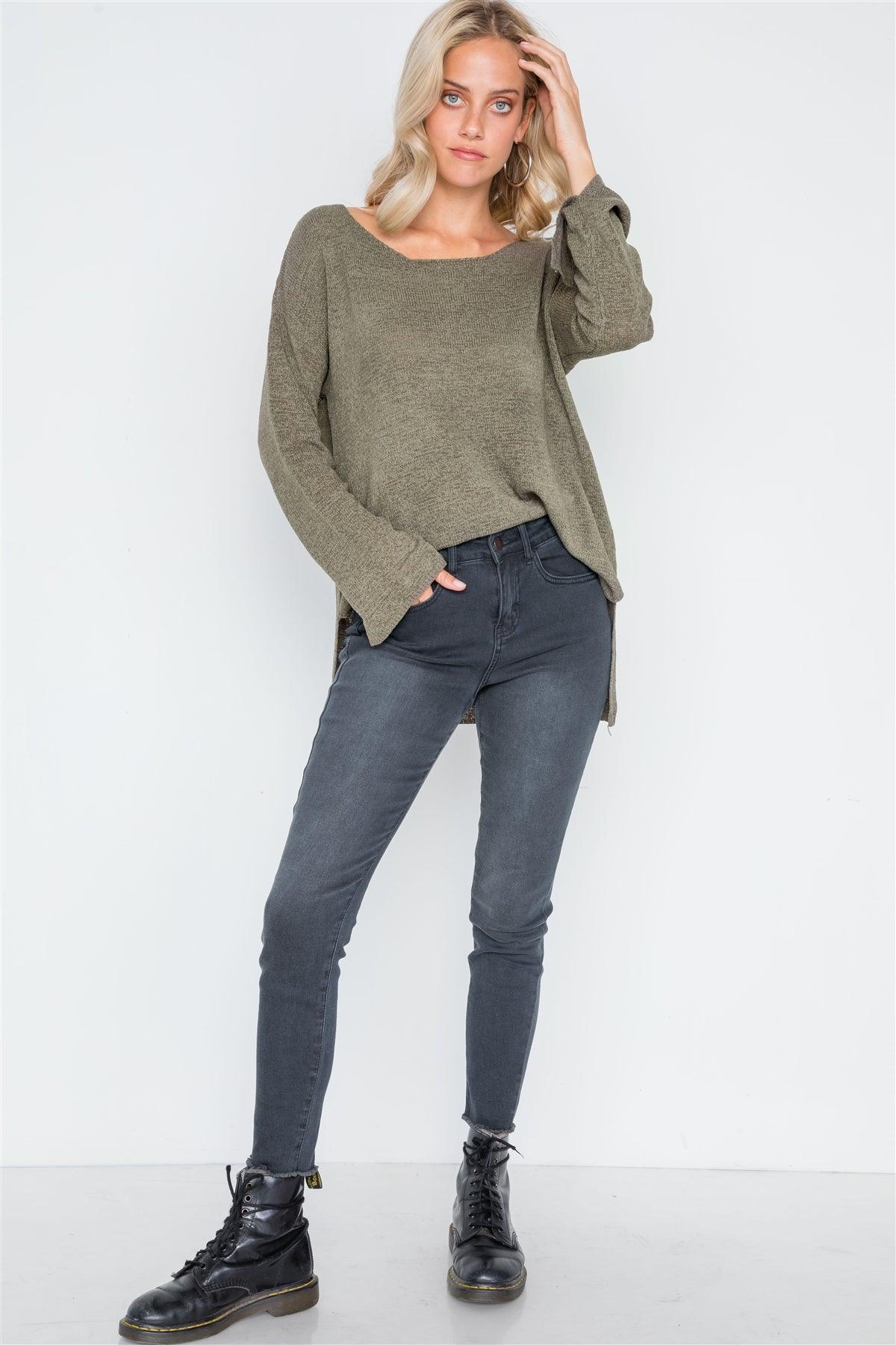 Olive Scoop Neck Long Sleeves Sweater /2-2-2