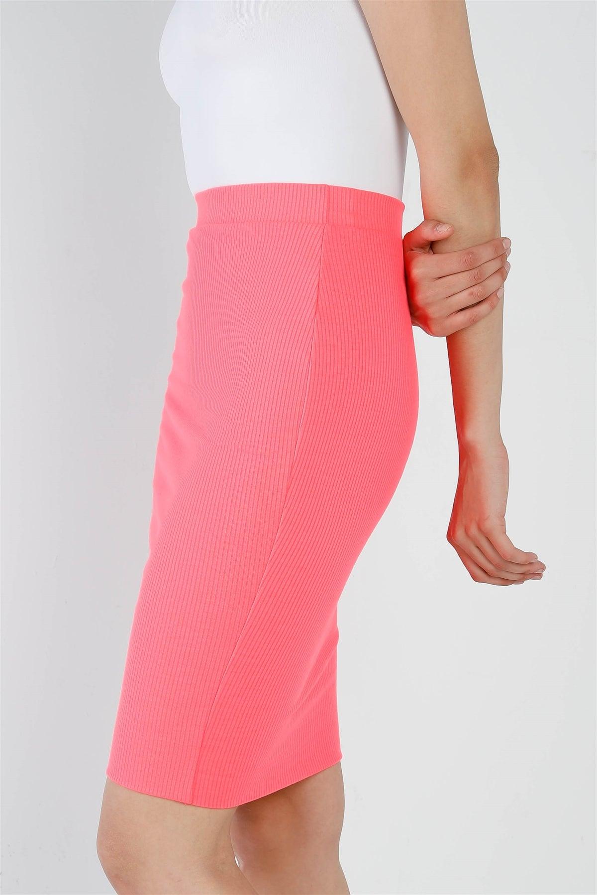 Neon Pink Ribbed High Waist Midi Skirt /2-2-2