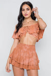 Tan Frill Mini Skort With Flounce Crop Top Two Piece Set /3-2-1 - Tasha Apparel Wholesale