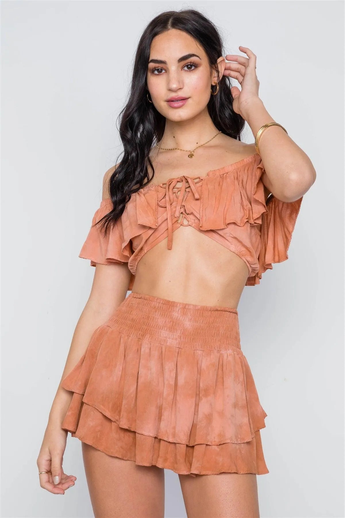 Tan Frill Mini Skort With Flounce Crop Top Two Piece Set /3-2-1 - Tasha Apparel Wholesale