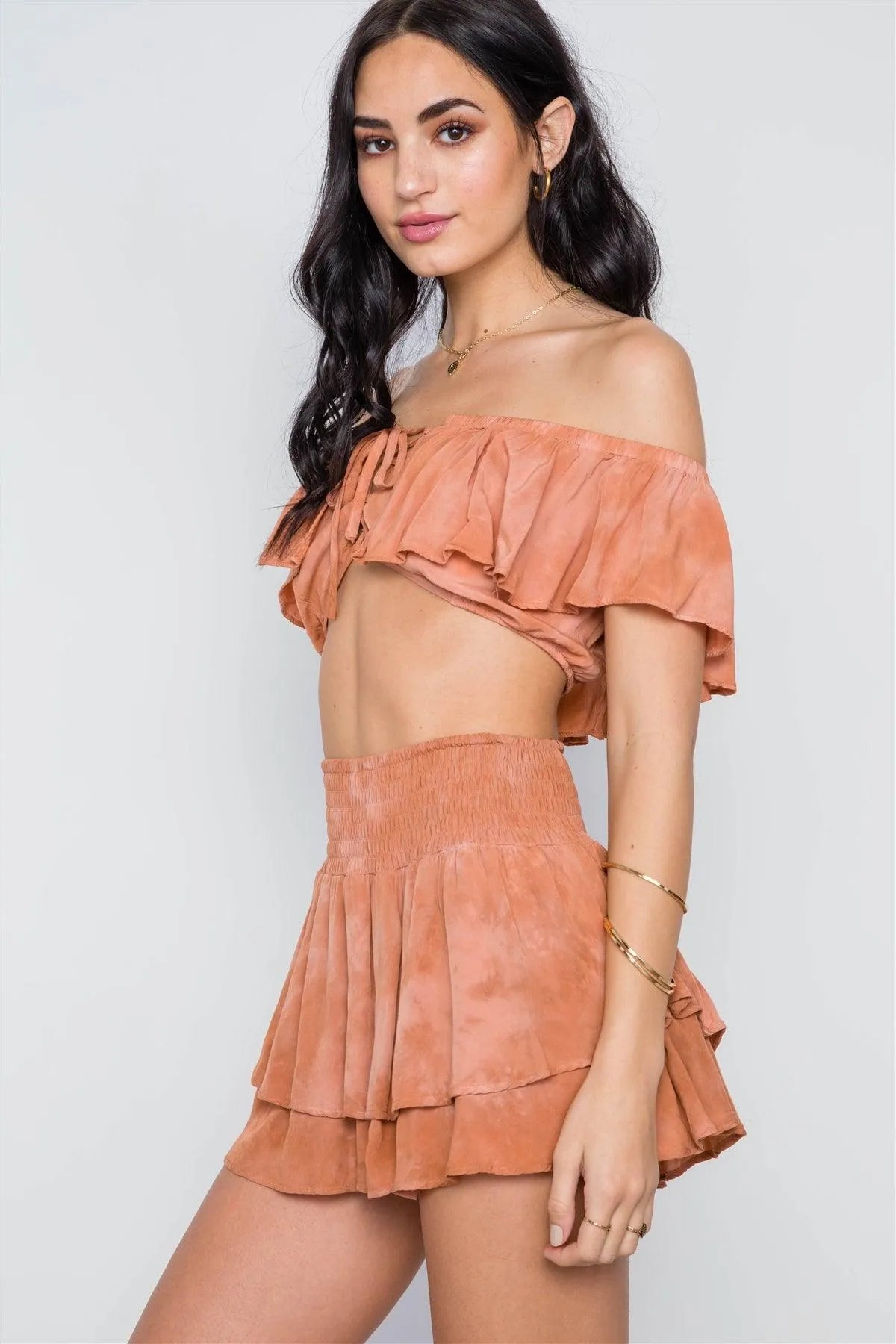 Tan Frill Mini Skort With Flounce Crop Top Two Piece Set /3-2-1 - Tasha Apparel Wholesale