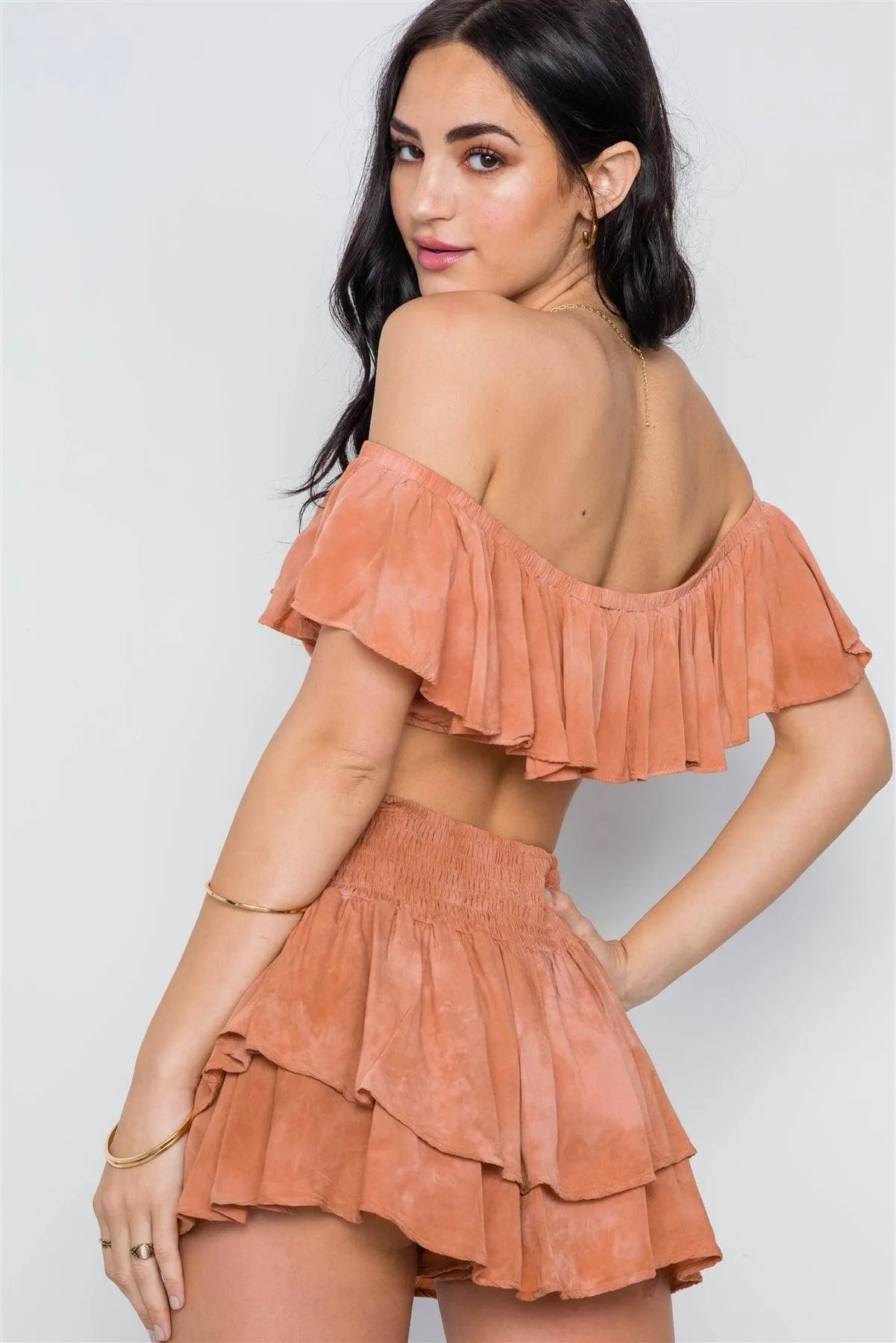 Tan Frill Mini Skort With Flounce Crop Top Two Piece Set /3-2-1 - Tasha Apparel Wholesale