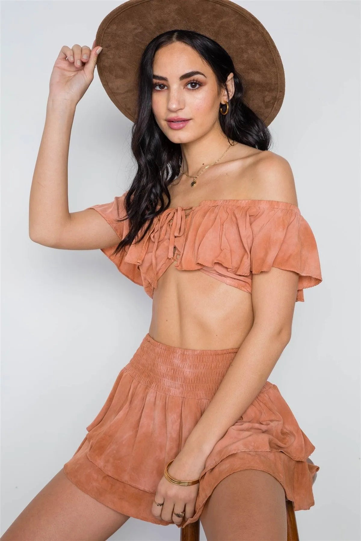 Tan Frill Mini Skort With Flounce Crop Top Two Piece Set /3-2-1 - Tasha Apparel Wholesale