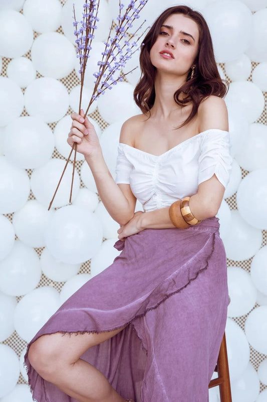 Mauve Tie Waist Wrap Front Hi-Low Ruffle Hem Skirt /3-2-1 - Tasha Apparel Wholesale