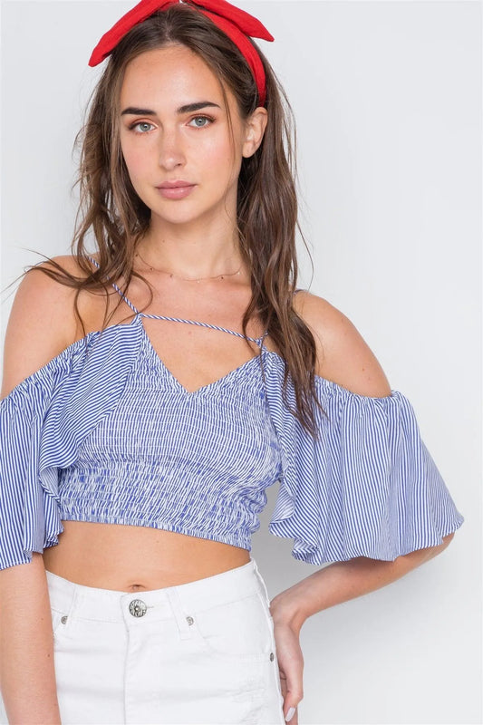 Blue Stripe Smocked Off-The-Shoulder Crop Top /4-2-1 - Tasha Apparel Wholesale