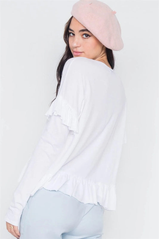White Cotton Asymmetrical Layered Raw Cut Flounce Top /3-2-1 - Tasha Apparel Wholesale