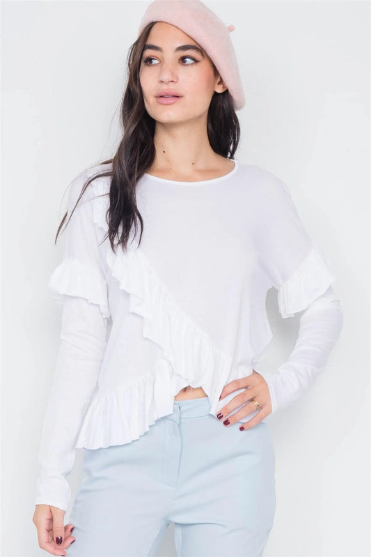 White Cotton Asymmetrical Layered Raw Cut Flounce Top - Tasha Apparel Wholesale