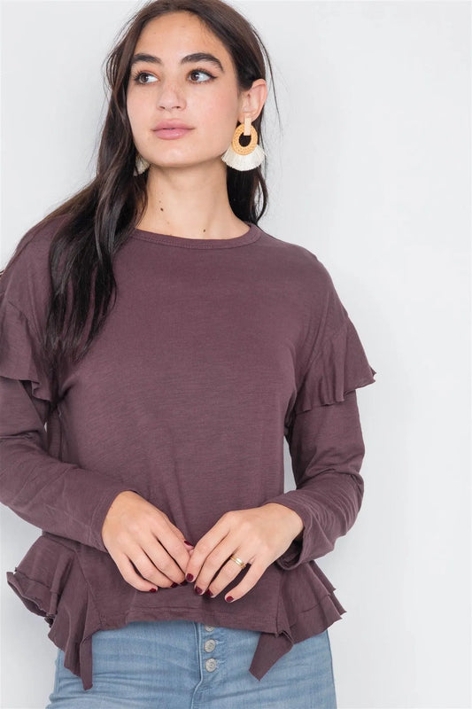 Merlot Raw Handkerchief Hem Flounce Long Sleeve Cotton Top /3-2-1 - Tasha Apparel Wholesale