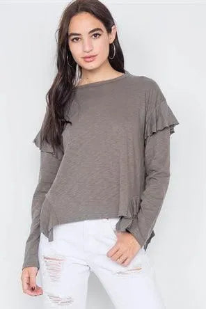 Olive Raw Handkerchief Hem Flounce Long Sleeve Cotton Top /3-2-1 - Tasha Apparel Wholesale