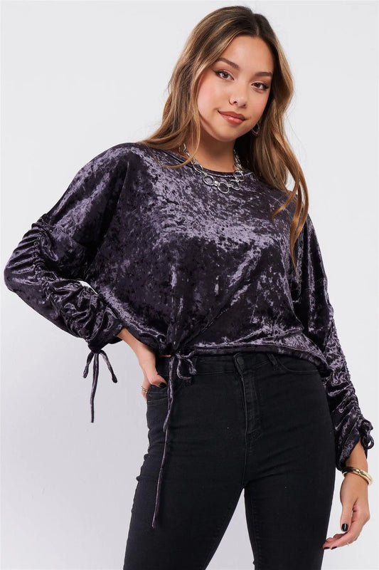 Grape Crushed Velvet Ruched Drawstring Sleeve Sweater /3-2-1 - Tasha Apparel Wholesale