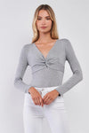 Heather Grey V-Neck Twist Front Long Sleeve Bodysuit - Tasha Apparel Wholesale