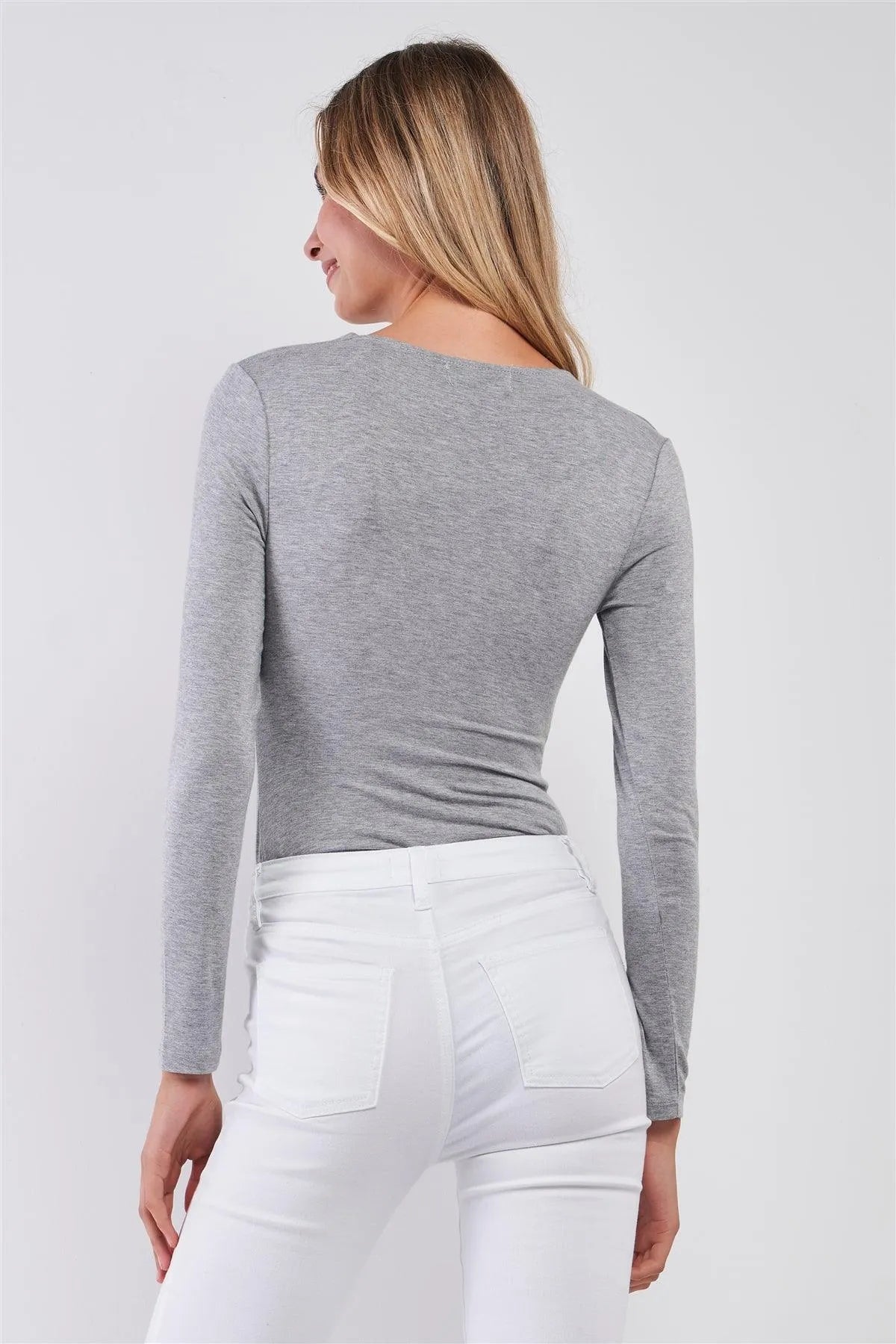 Heather Grey V-Neck Twist Front Long Sleeve Bodysuit - Tasha Apparel Wholesale