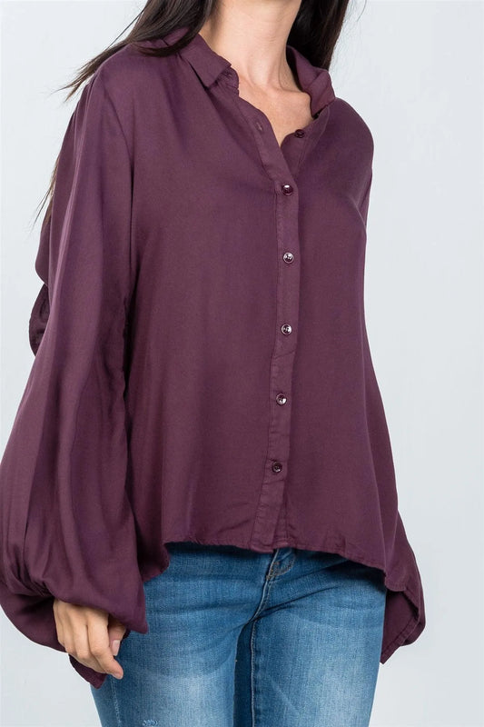 Plum Tie Back Ruched Bell Sleeve Boho Shirt /3-2-1 - Tasha Apparel Wholesale