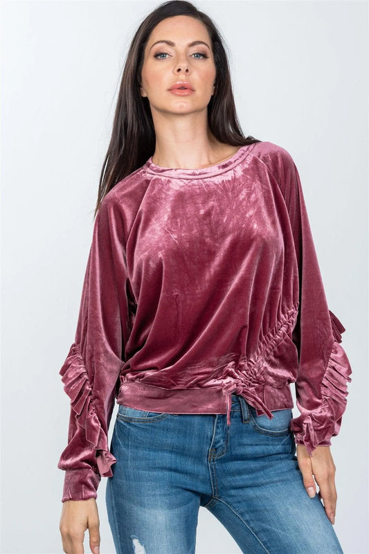 Wood Rose Velvet Ruched Drawstring Ruffle Sleeves Sweater /3-2-1 - Tasha Apparel Wholesale