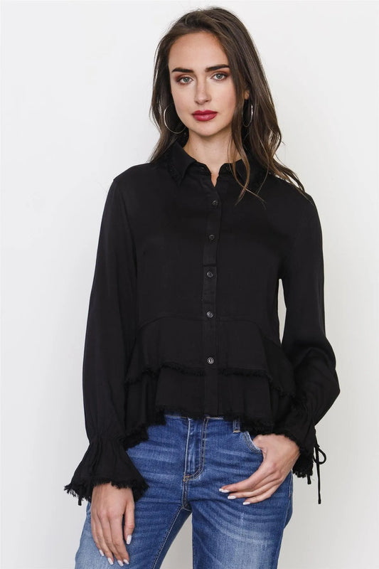 Black Frayed Hem Button Down Blouse /3-2-1 - Tasha Apparel Wholesale
