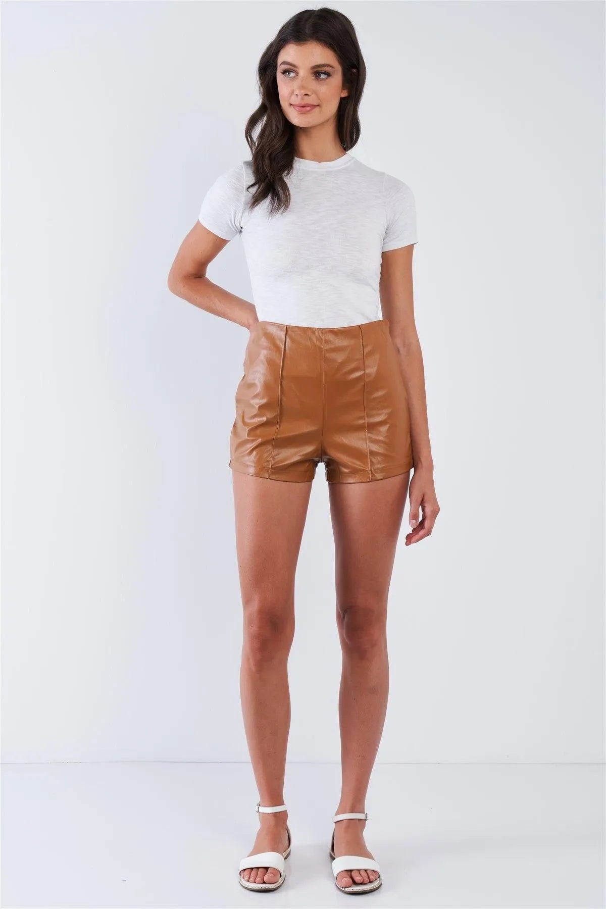 Camel Vegan Leather High Waisted Side Zipper Mini Shorts /2-3-1 - Tasha Apparel Wholesale