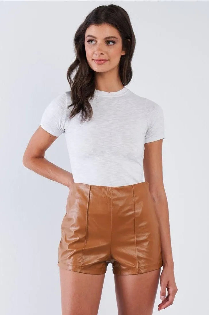 Camel Vegan Leather High Waisted Side Zipper Mini Shorts - Tasha Apparel Wholesale