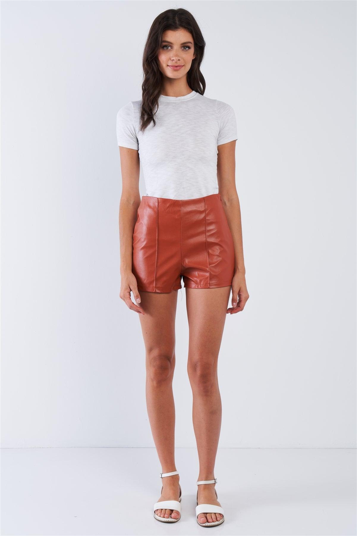 Rust Orange Vegan Leather High Waisted Side Zipper Mini Shorts /2-3-1