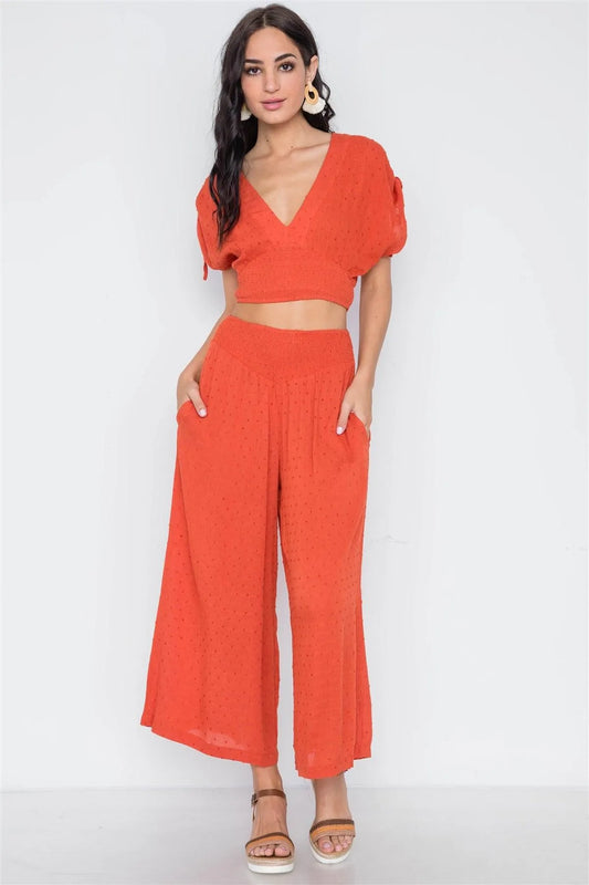 Orange Rust Smocked High-Waist Wide Leg Pants /3-2-1 - Tasha Apparel Wholesale