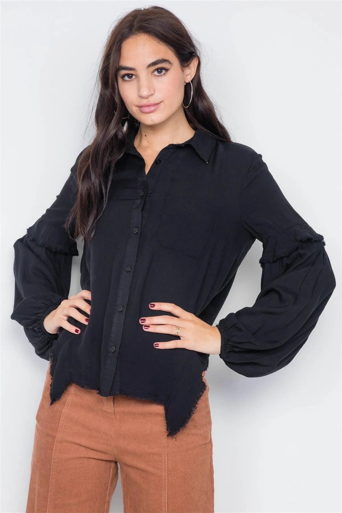 Black Front Button Raw Handkerchief Hem Button Front Top /3-2-1 - Tasha Apparel Wholesale