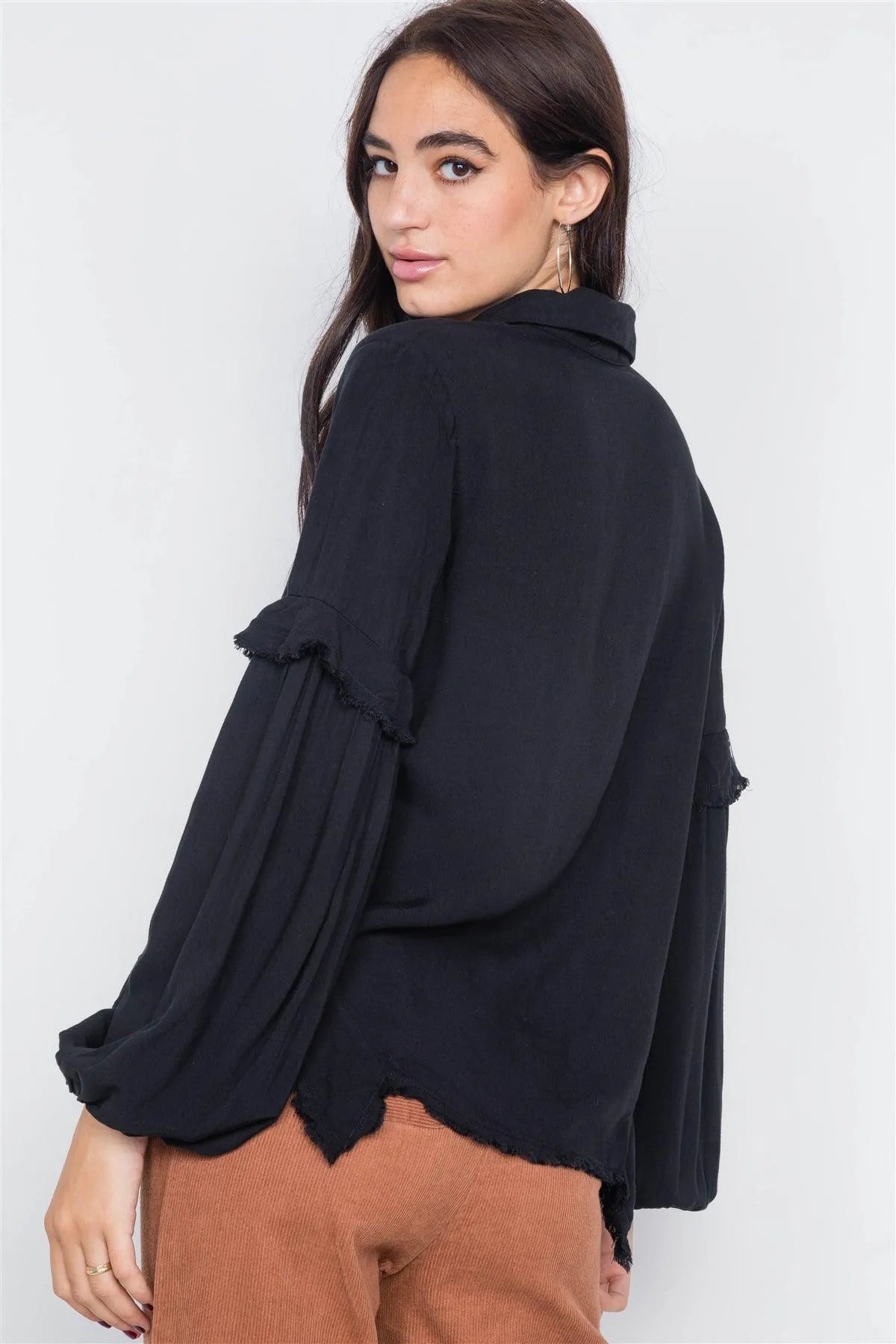 Black Front Button Raw Handkerchief Hem Button Front Top /3-2-1 - Tasha Apparel Wholesale