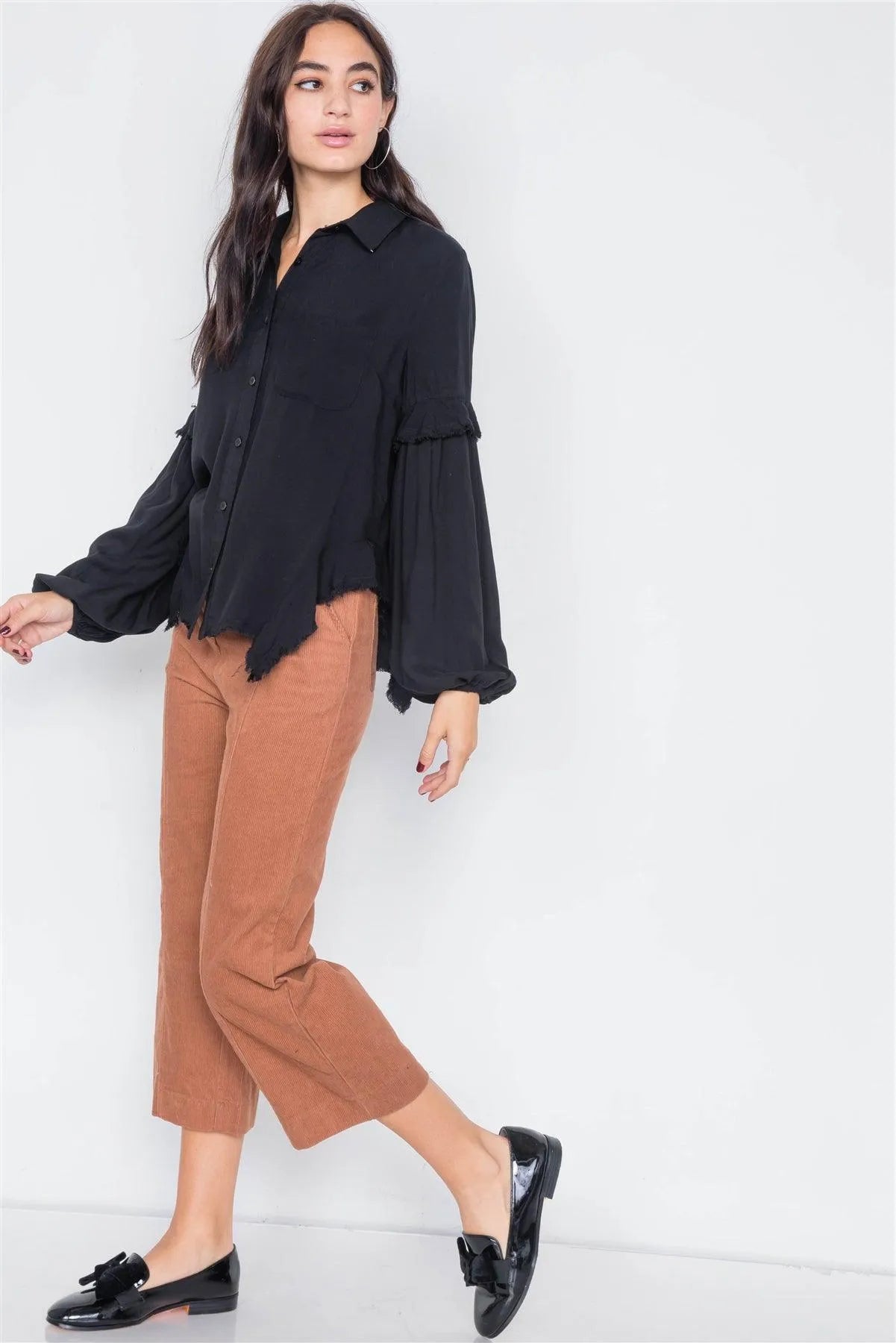 Black Front Button Raw Handkerchief Hem Button Front Top /3-2-1 - Tasha Apparel Wholesale