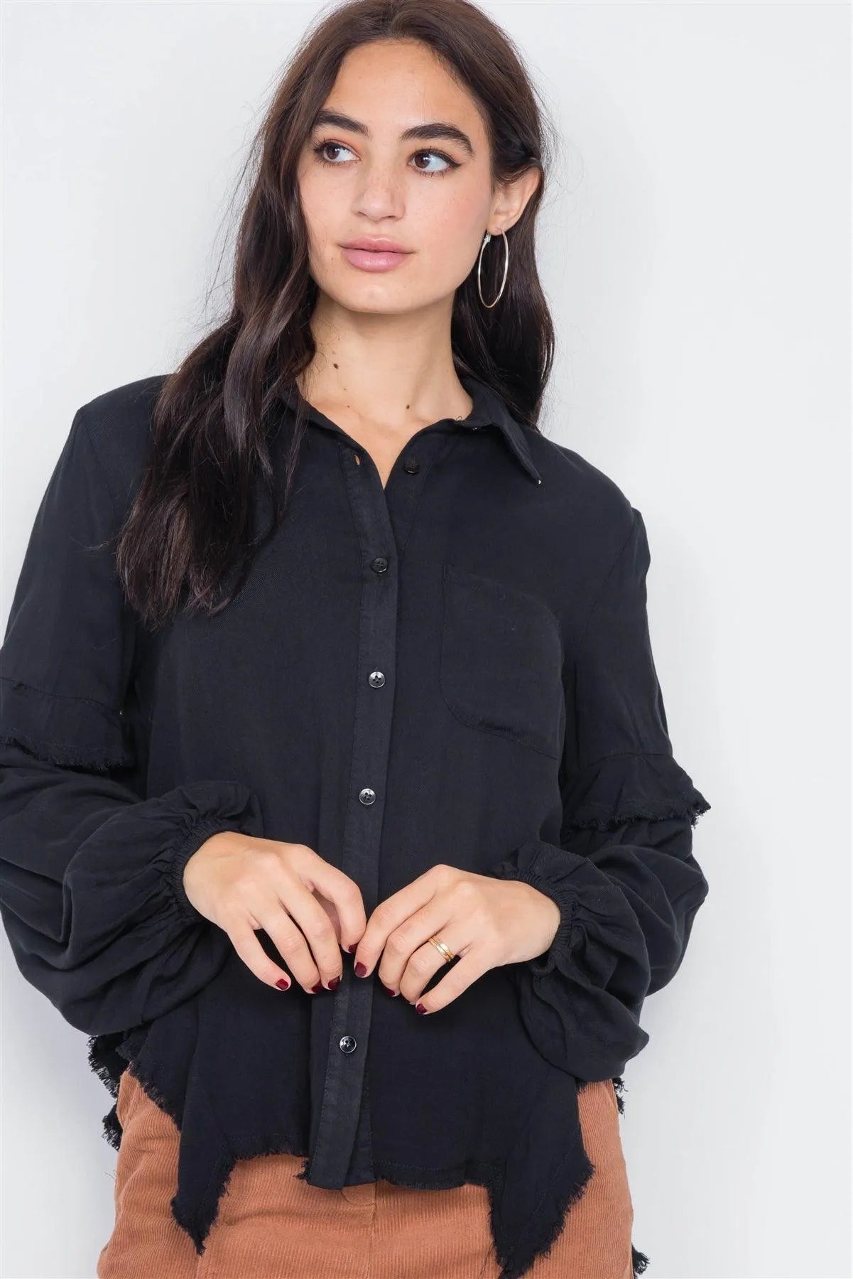 Black Front Button Raw Handkerchief Hem Button Front Top /3-2-1 - Tasha Apparel Wholesale