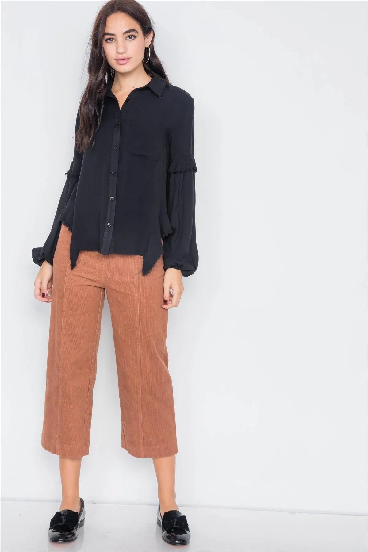 Black Front Button Raw Handkerchief Hem Button Front Top /3-2-1 - Tasha Apparel Wholesale
