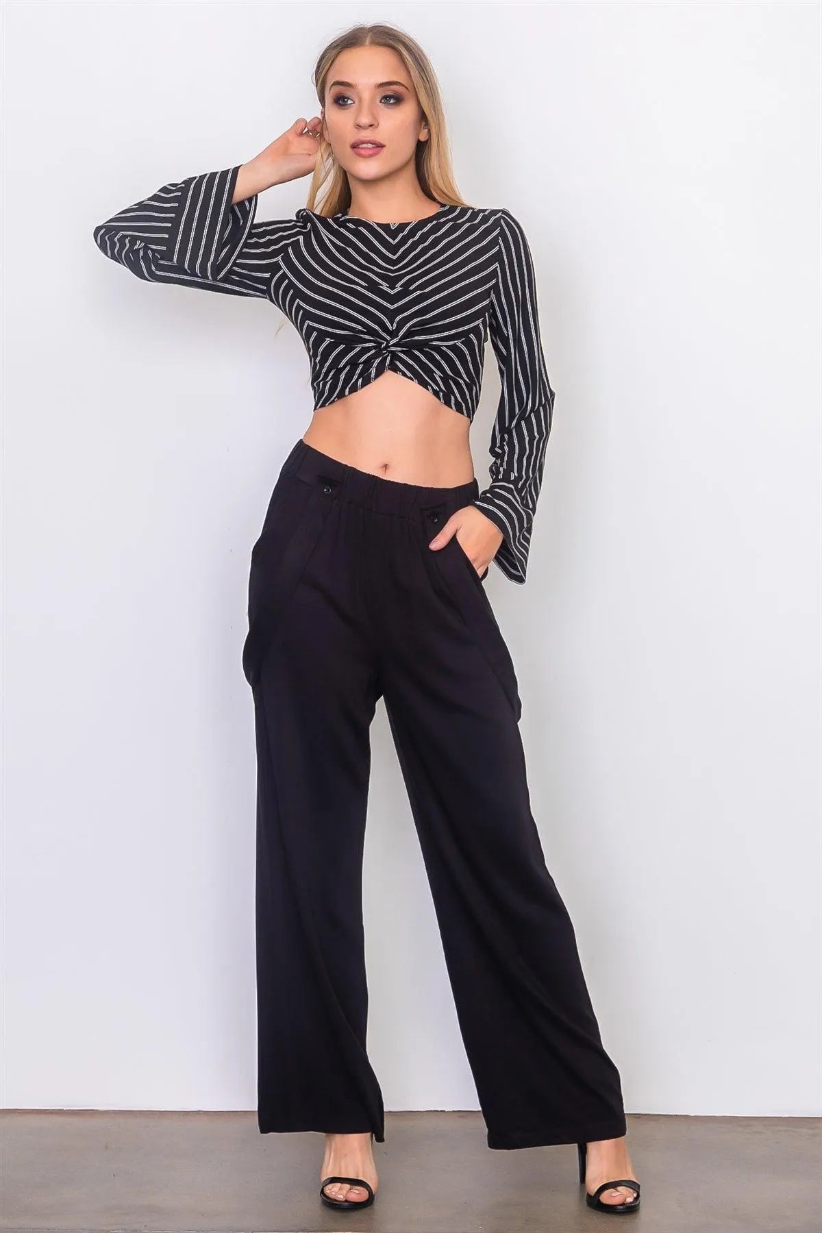 Black Front Waist Twist Wide Sleeve Crop Top /3-2-1 - Tasha Apparel Wholesale