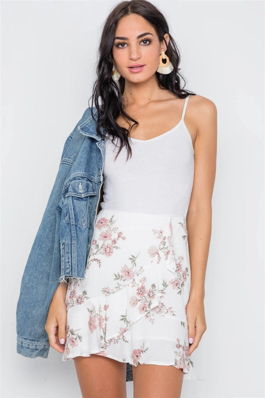 Multi White Floral Print High-Waist Mini Skirt /3-2-1 - Tasha Apparel Wholesale