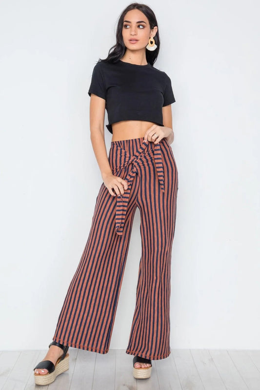Rust Navy Stripe Knit Front tie Wide Leg Palazzo /3-2-1 - Tasha Apparel Wholesale