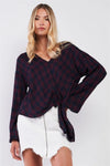 Red Navy Checkered V-Neck Long Bell Sleeve Asymmetrical Top - Tasha Apparel Wholesale