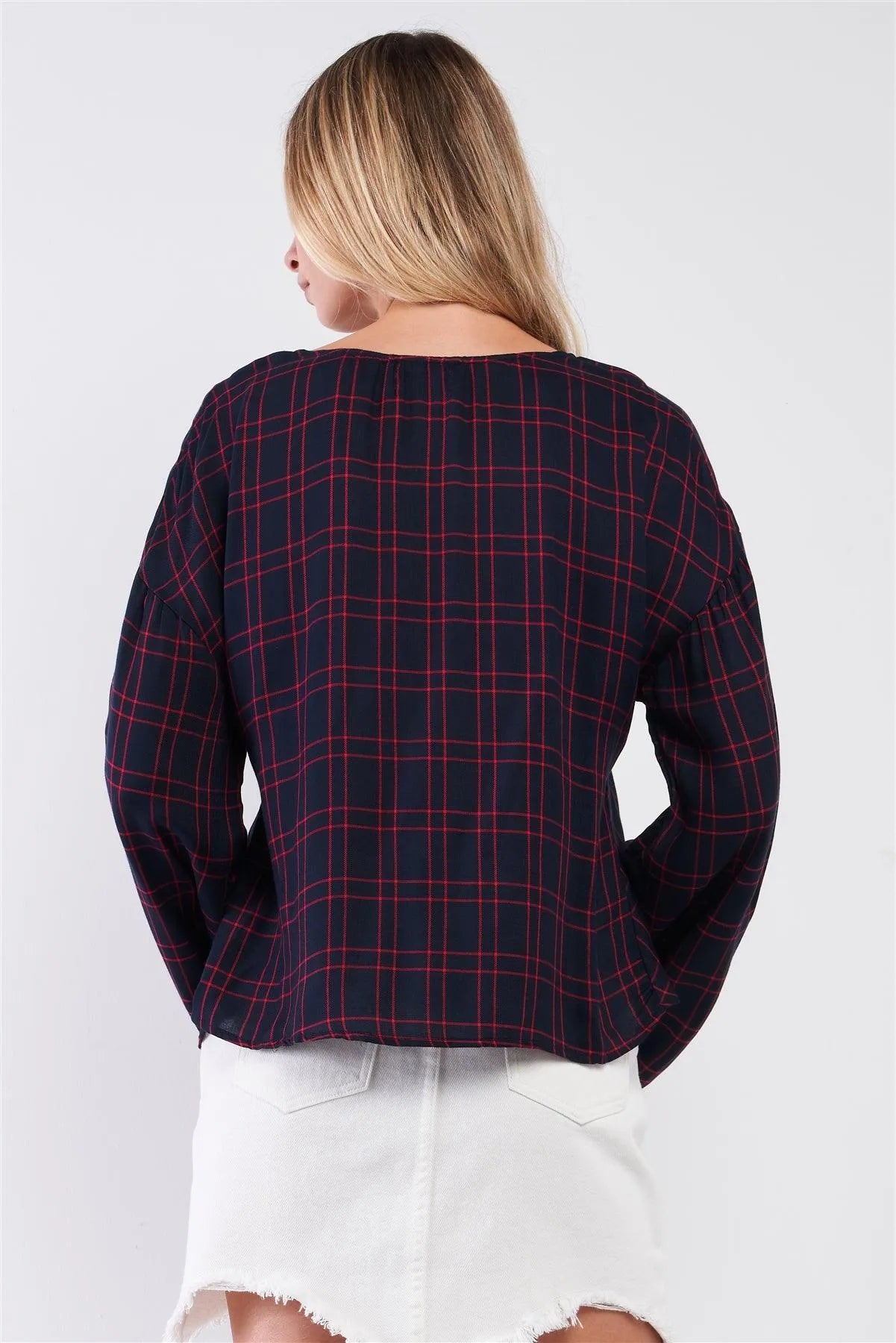 Red Navy Checkered V-Neck Long Bell Sleeve Asymmetrical Top - Tasha Apparel Wholesale
