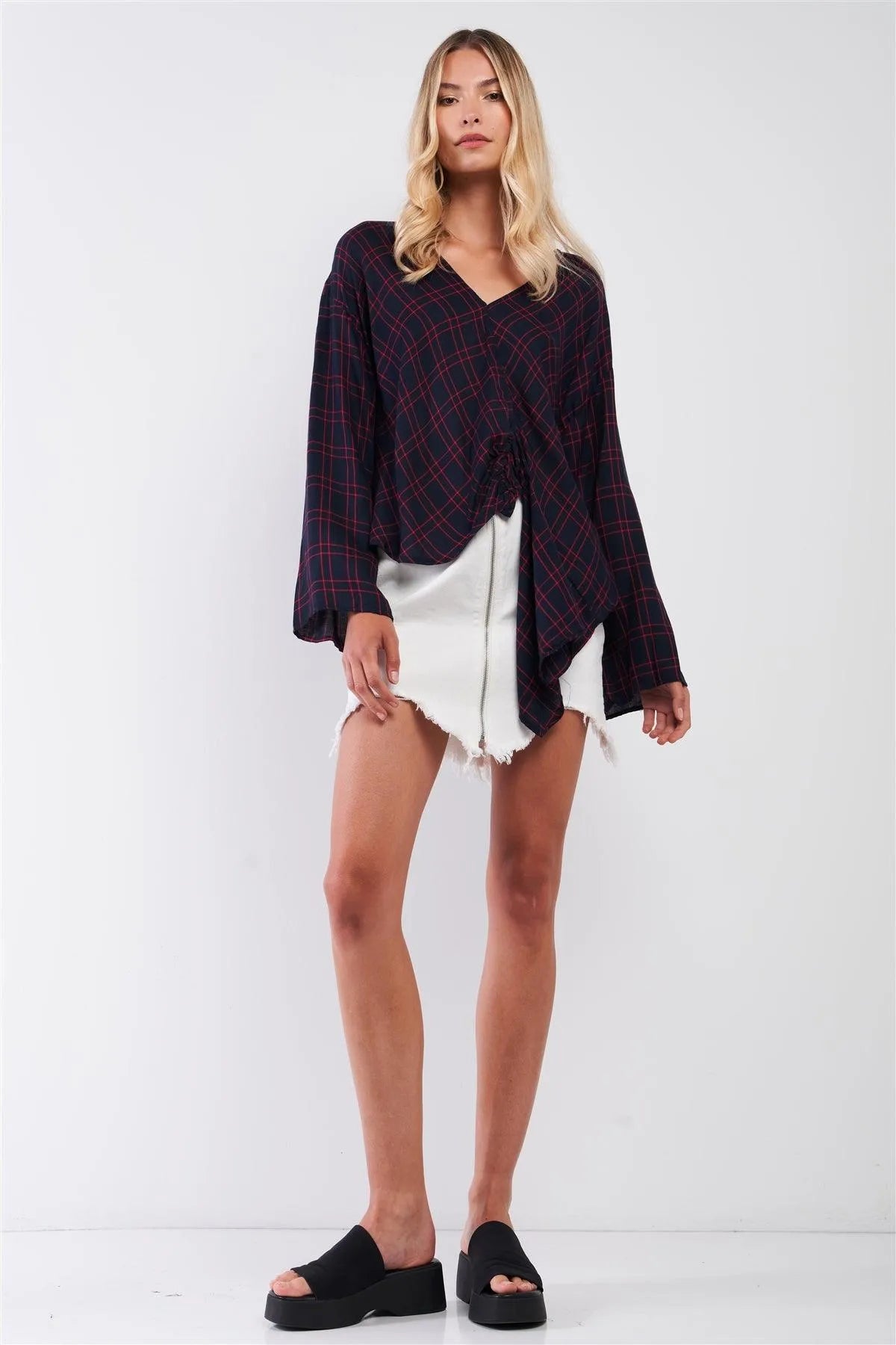 Red Navy Checkered V-Neck Long Bell Sleeve Asymmetrical Top - Tasha Apparel Wholesale