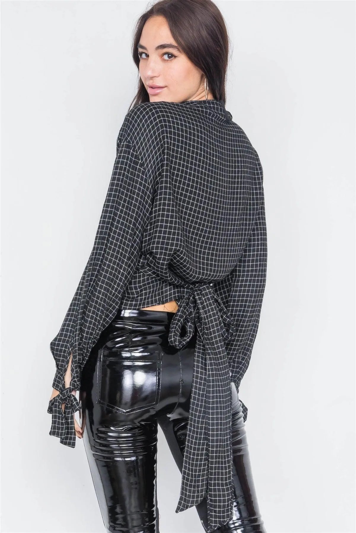 Black & White Plaid Side Wrap Knot Crop Top /3-2-1 - Tasha Apparel Wholesale