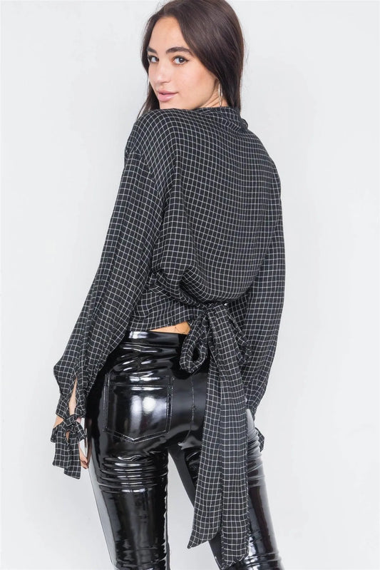 Black & White Plaid Side Wrap Knot Crop Top /3-2-1 - Tasha Apparel Wholesale