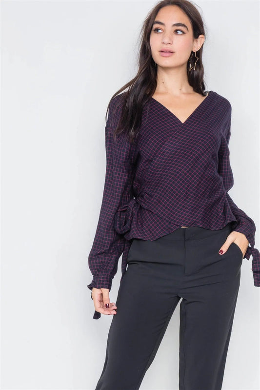 Navy & Red Plaid Side Wrap Knot Crop Top /3-2-1 - Tasha Apparel Wholesale