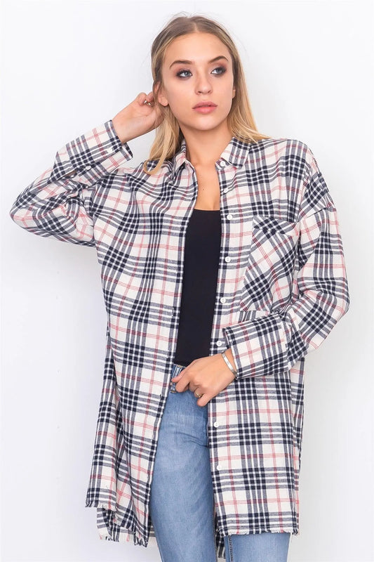 Cream Frayed Hem Plaid Button Down Shirt Dress /3-2-1 - Tasha Apparel Wholesale