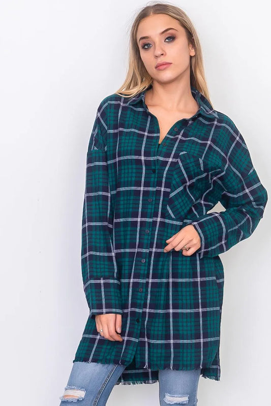 Teal Frayed Hem Plaid Button Down Shirt Dress /3-2-1 - Tasha Apparel Wholesale