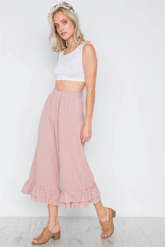 Mauve High-Waist Ruffle Hem Wide Leg Boho Pants /3-2-1 - Tasha Apparel Wholesale