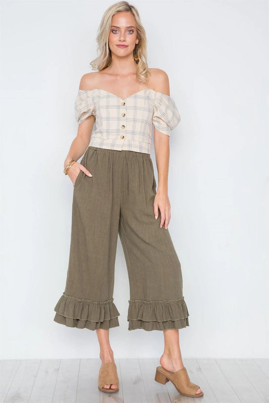 Olive High-Waist Ruffle Hem Wide Leg Boho Pants /3-2-1 - Tasha Apparel Wholesale