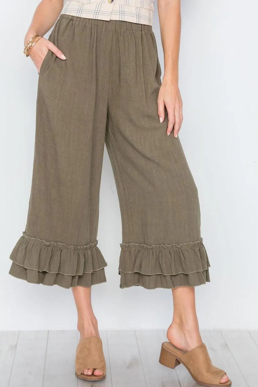 Olive High-Waist Ruffle Hem Wide Leg Boho Pants /3-2-1 - Tasha Apparel Wholesale