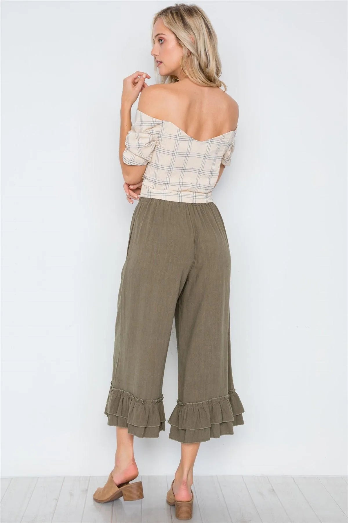Olive High-Waist Ruffle Hem Wide Leg Boho Pants /3-2-1 - Tasha Apparel Wholesale