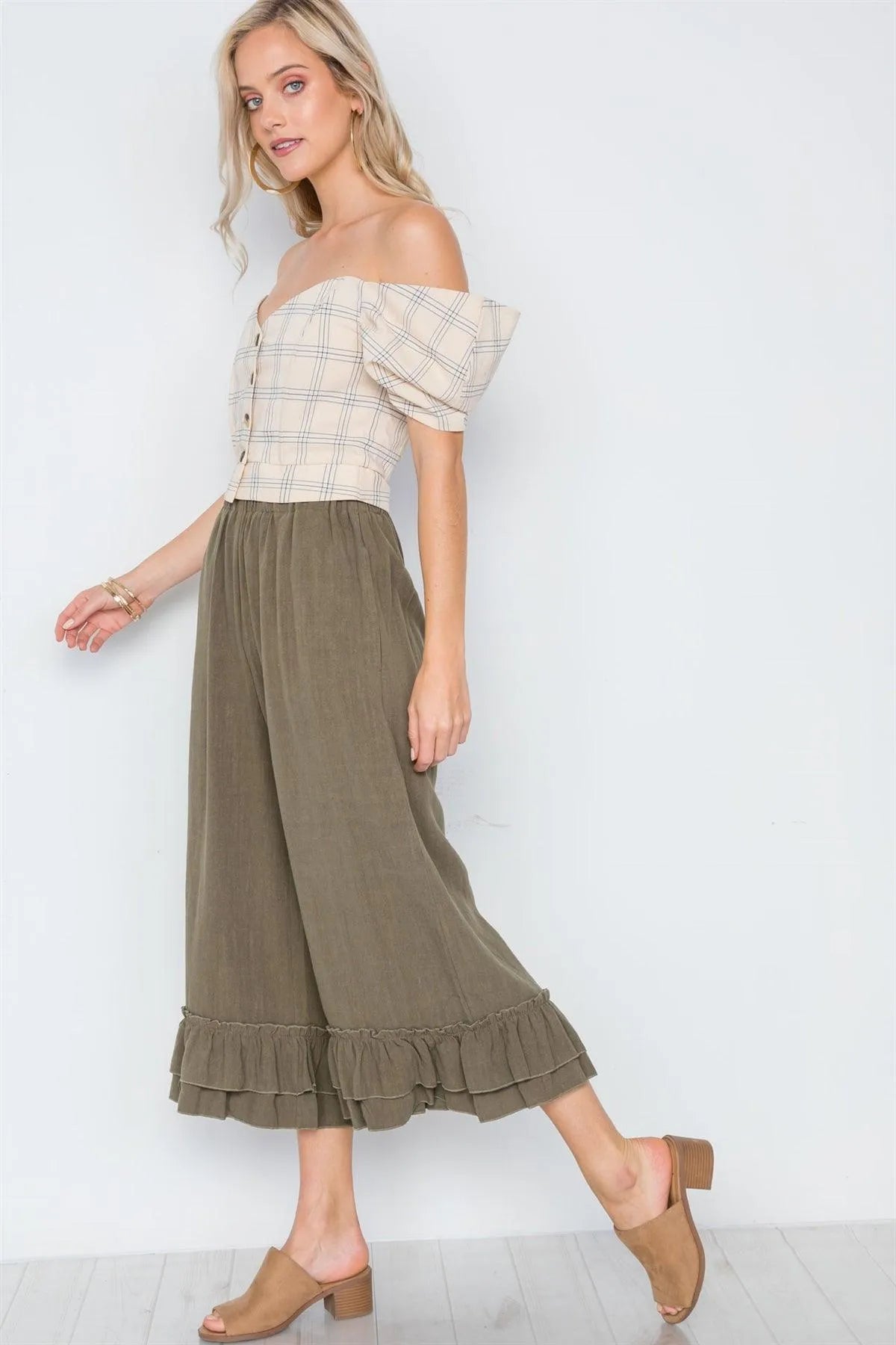 Olive High-Waist Ruffle Hem Wide Leg Boho Pants /3-2-1 - Tasha Apparel Wholesale